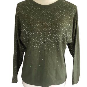 LIV Milano Olive Green Embellished Sweater Small – Rhinestone Studded Knit Top